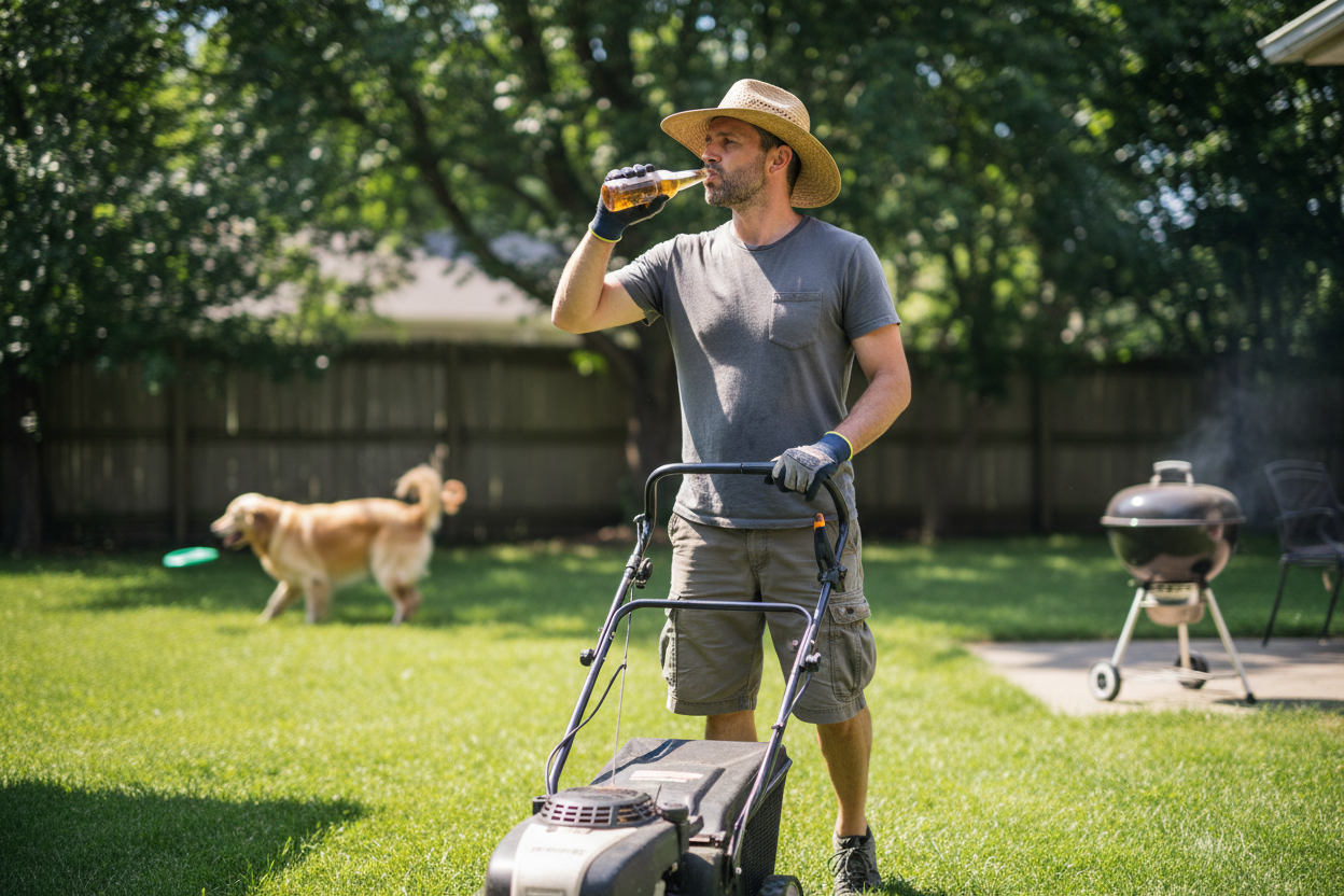 Man doing yardwork while drinking a beer on a sunny day
